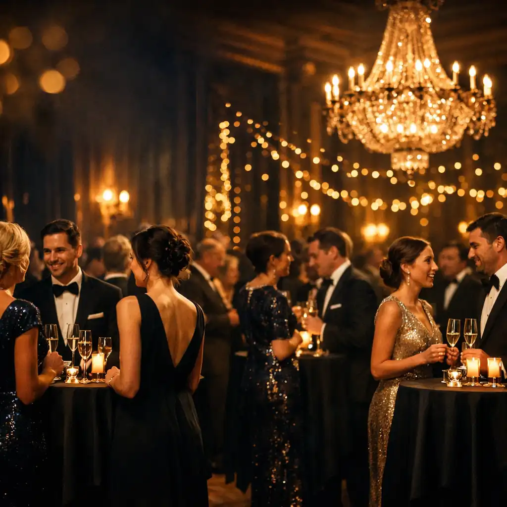 Elegante Abendveranstaltung mit Gästen in Abendgarderobe, warmen Lichtern und festlicher Atmosphäre