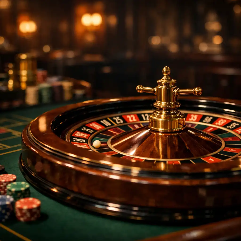 Eleganter Spieltisch mit Roulette-Rad in gedämpftem Licht