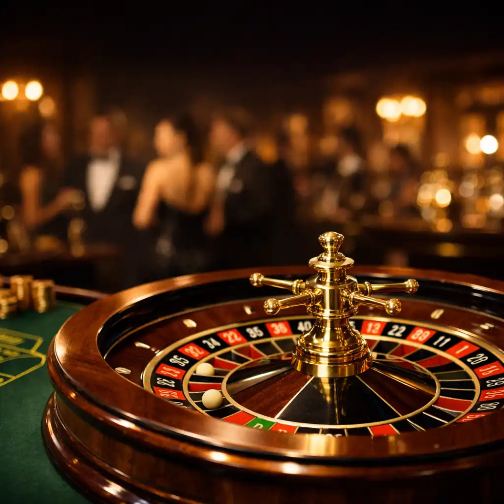 Eleganter Roulette-Tisch mit glänzendem Rad in einem stilvollen Veranstaltungsraum