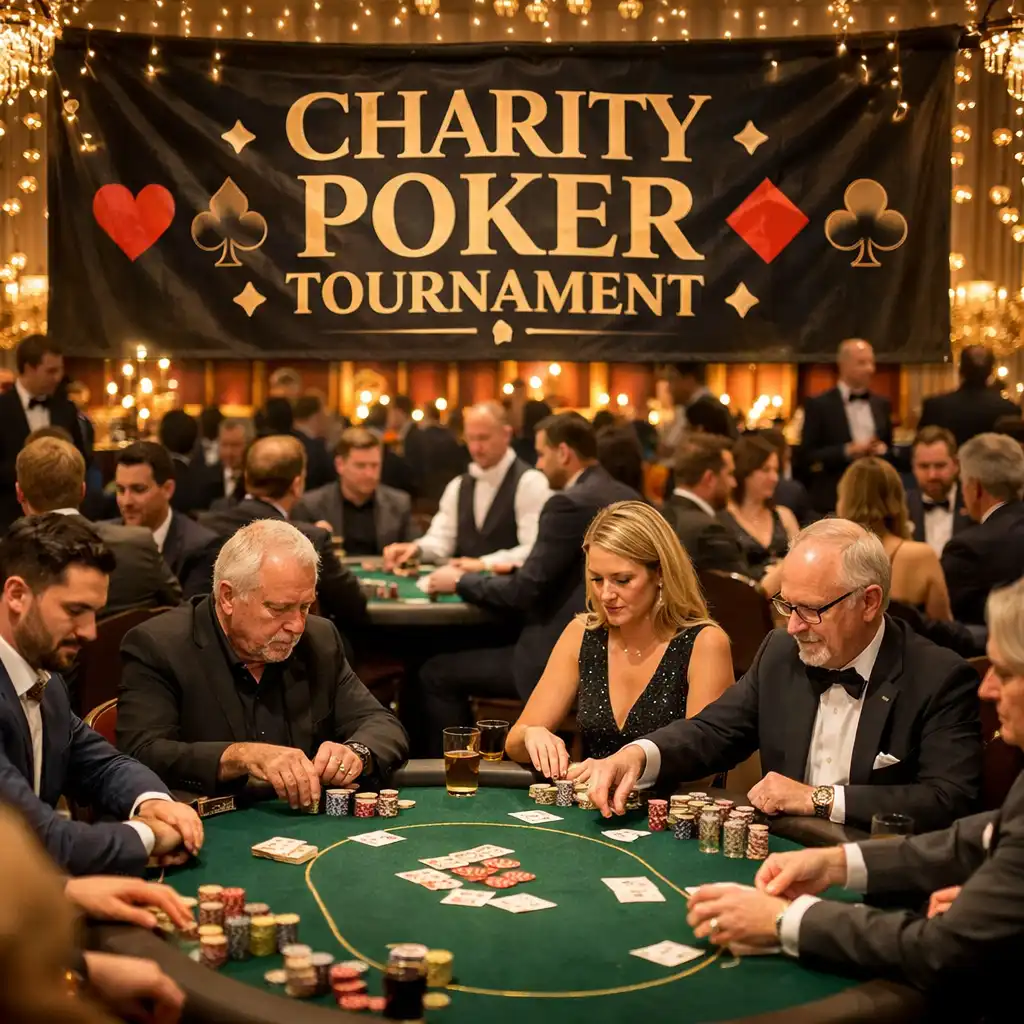 Charity-Event mit Pokerturnier und Spielern an Tischen
