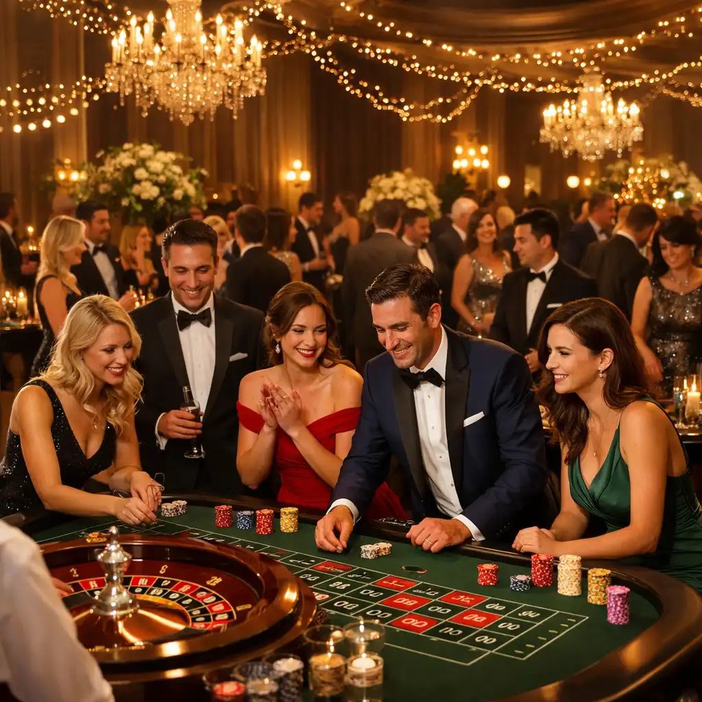 Firmenfeier mit Spieltischen und Gästen in Abendgarderobe