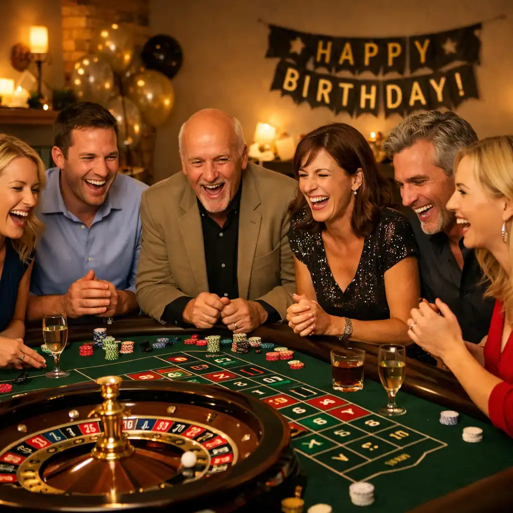 Private Geburtstagsfeier mit Roulette-Tisch und lachenden Gästen