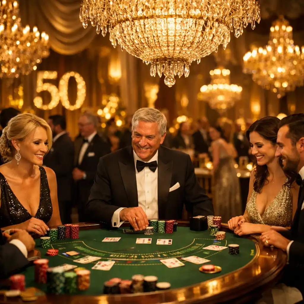 Glamouröses Jubiläumsevent in einem Ballsaal mit Kronleuchter und Blackjack-Tisch