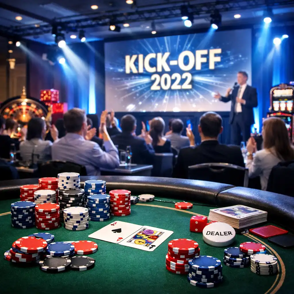 Dynamische Kick-off-Szene mit Poker-Tisch und Präsentationsleinwand