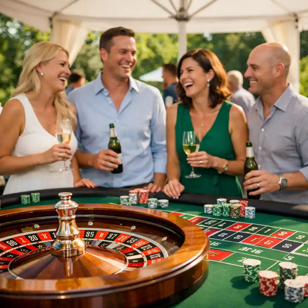 Sommerliches Firmenevent im Freien mit Spieltischen unter einem Pavillon