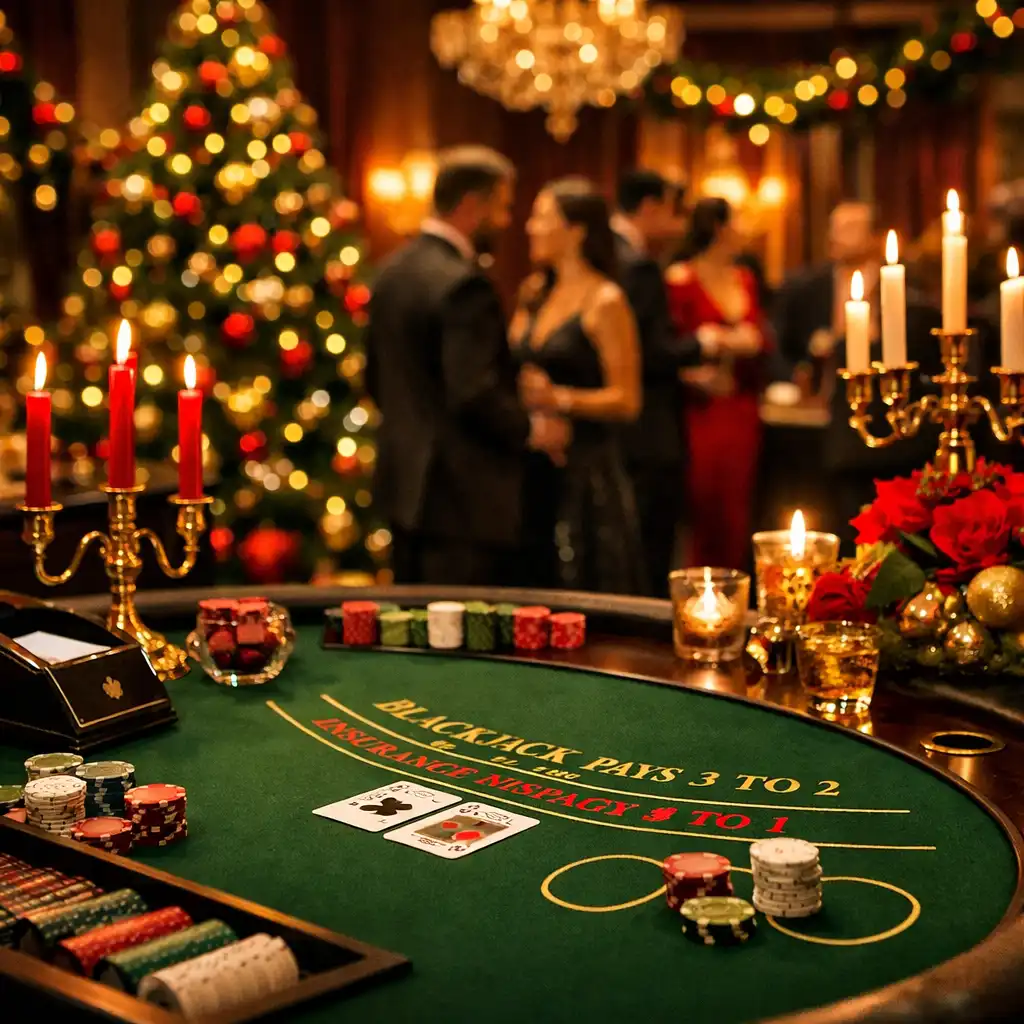 Festlich dekorierter Raum mit Weihnachtsbaum und Spieltisch
