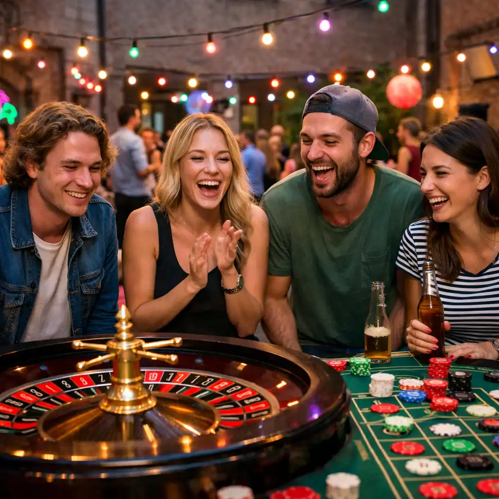 Junge Firmenfeier in einem Berliner Hinterhof mit Offline-Casino-Lounge