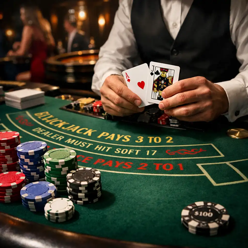 Nahaufnahme eines Blackjack-Tisches mit Karten, Chips und gedämpftem Licht