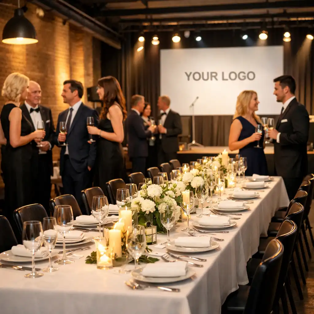 Firmenevent in einem modernen Loft mit langer Tafel und Gästen in Abendgarderobe