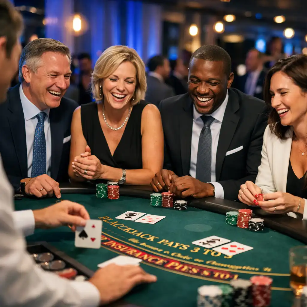 Spielabend für ein Tech-Unternehmen mit Poker- und Blackjack-Tischen in elegantem Ambiente