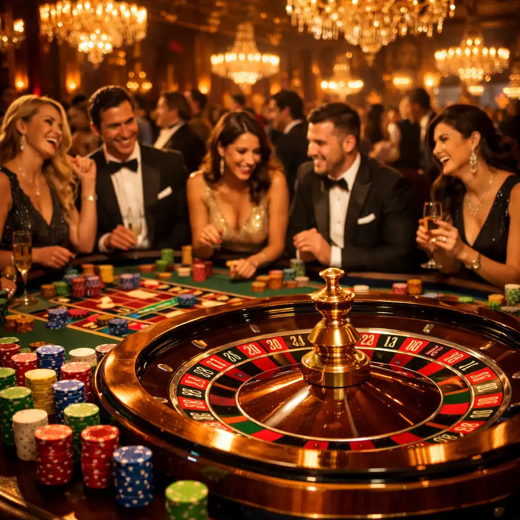 Glamouröses Casino-Event mit Roulette-Tisch und eleganten Gästen