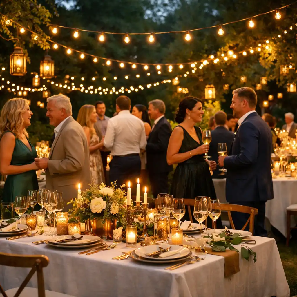Elegante Gartenparty am Abend mit Lichterketten und festlich gedeckten Tischen