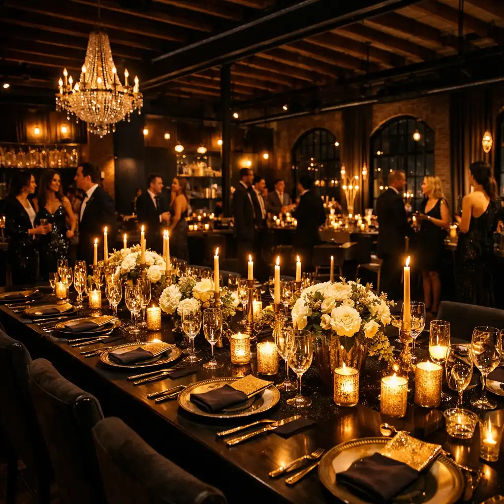 Elegante private Abendveranstaltung in einem stilvollen Loft mit warmem Licht und festlich gedeckter Tafel