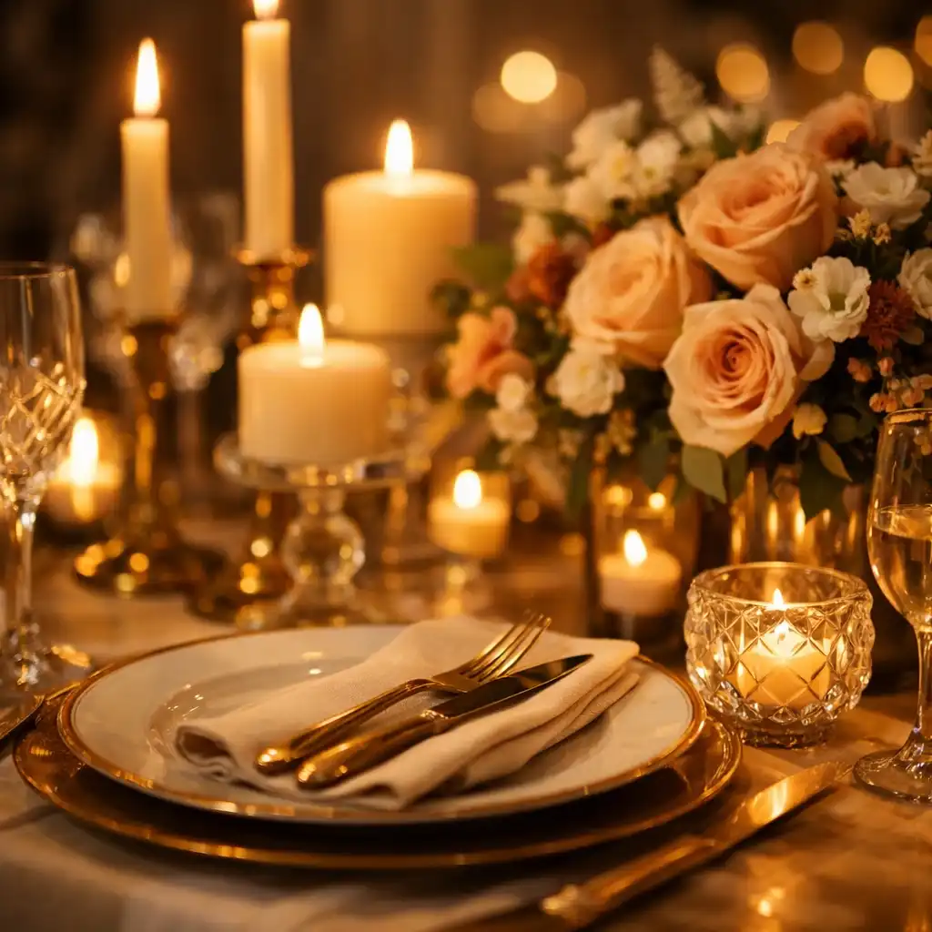 Detailaufnahme einer exklusiven Tischdekoration mit Kerzenlicht, Blumenarrangement und edlem Geschirr